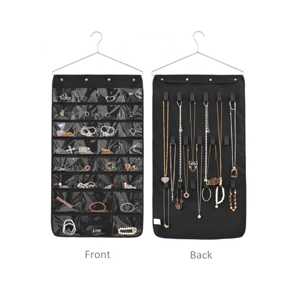 Just Life 30 pockets& 17 hook-and-loop tabs Hanging Jewelry Hanging Earrings Necklace Bracelet Closet Storage Organizer Dual Sides Space-saving Household Accessory Holder Storage Bag (Black)