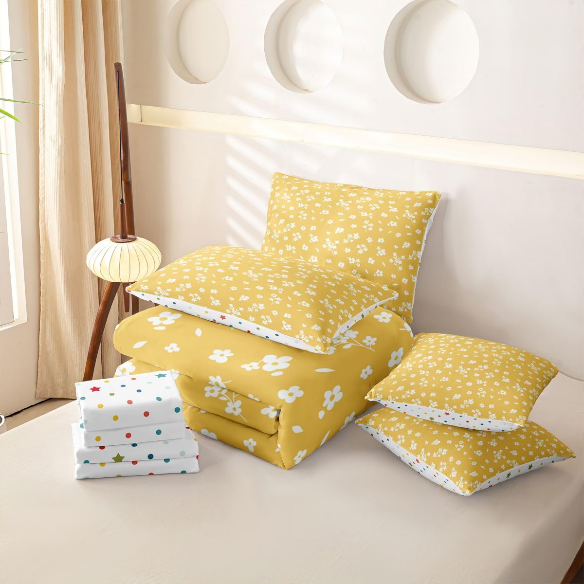Loussiesd Juego de funda de edredón amarillo con sábanas, 7 piezas, tamaño Super King, para niños y niñas, cama de flores amarillas en una bolsa, decoración botánica de habitación bohemia, flores
