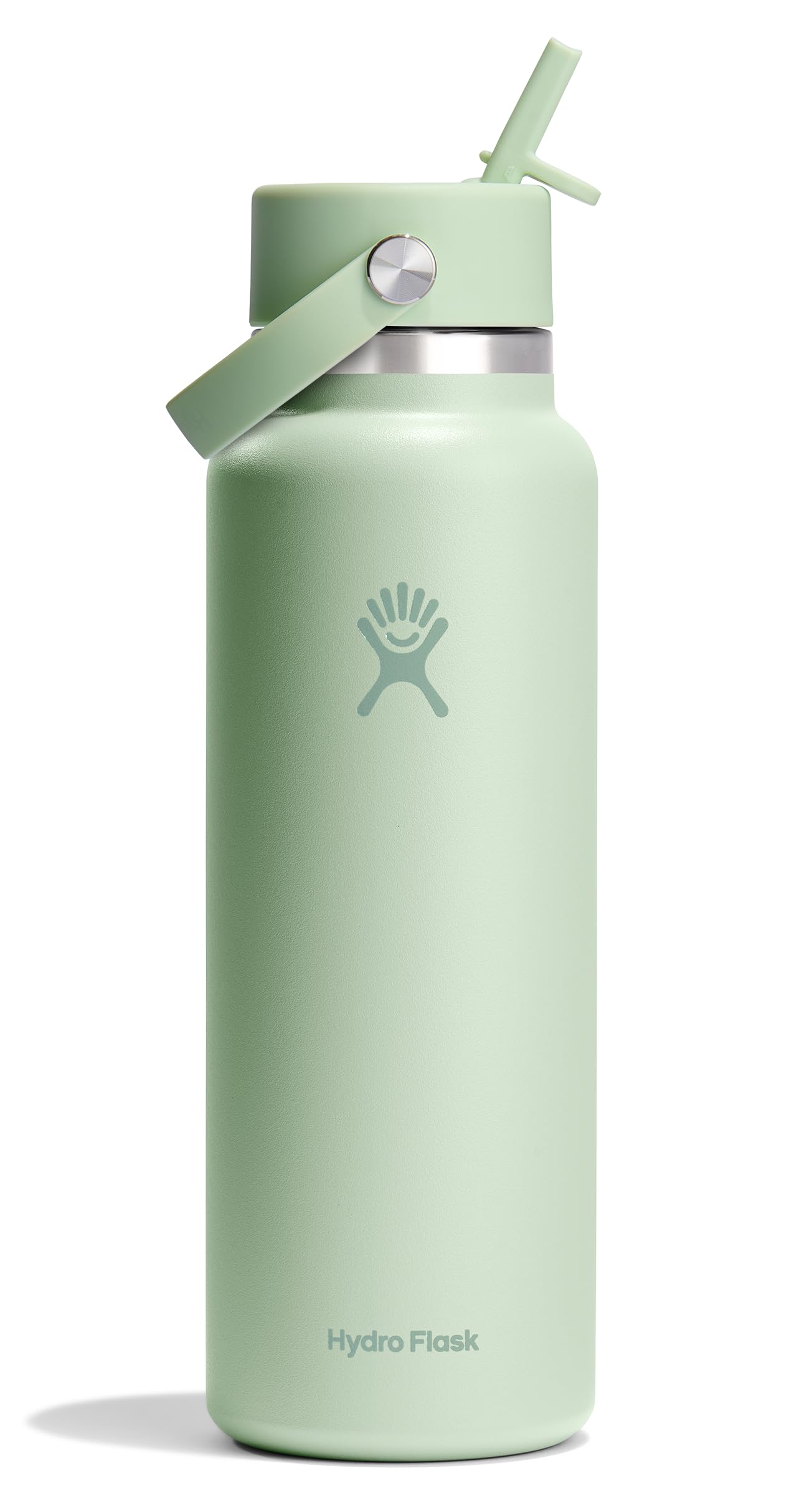 Water Bottle - Insulated Stainless Steel - Wide Mouth Flex Straw Lid, Non Spill, Leakproof and Refillable in 40 Oz Aloe Green