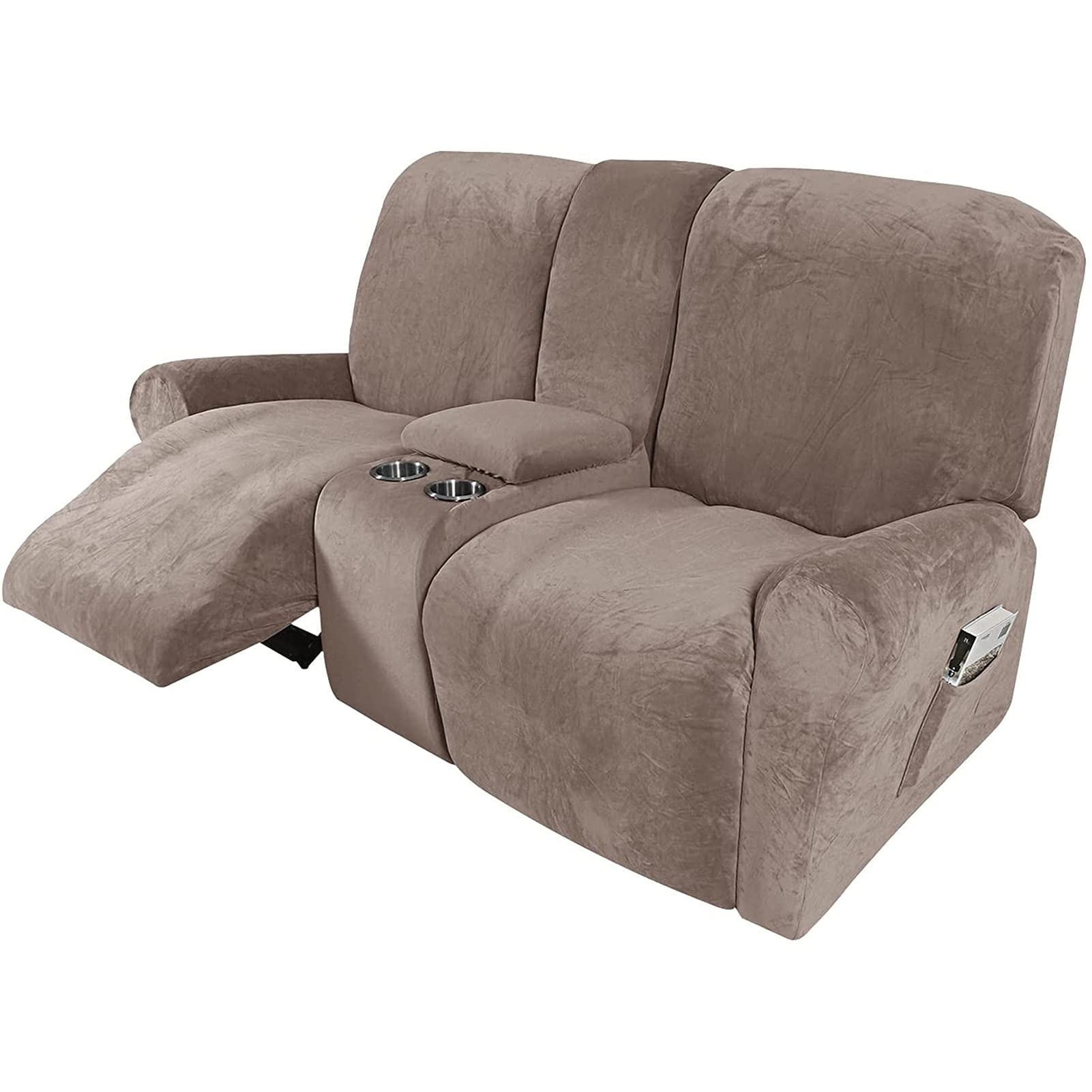 Reclining Love Seat with Middle Console Slipcover, 8-Piece Velvet Stretch Loveseat Reclining Sofa Covers, 2 Seat Thick Loveseat Recliner Cover (Taupe)