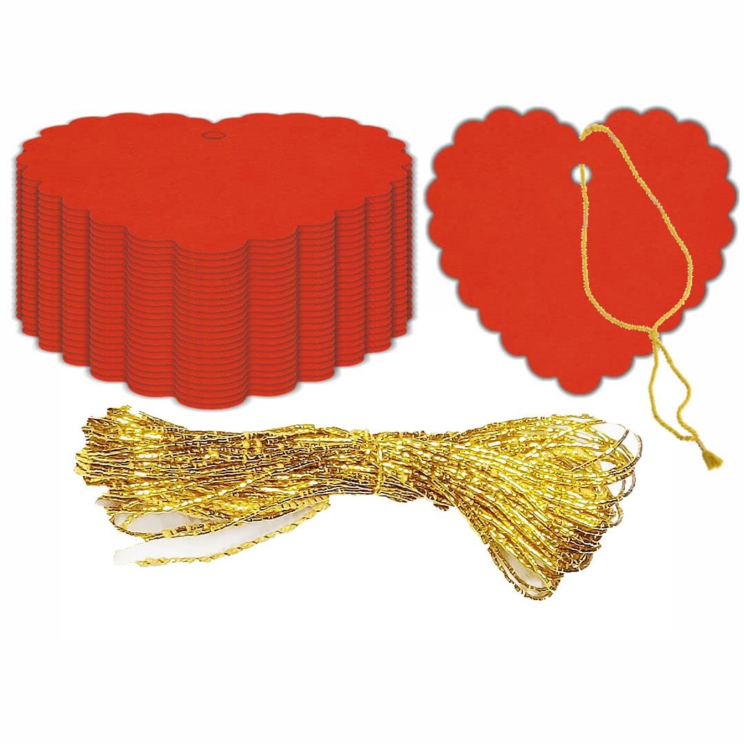 KREEPO Handmade Heart Shape Multi-Purpose Tags Blank Labels Message Note Craft Paper with Golden String for Price Tag, Wedding, Party Events Color-Chili Pepper, Size(6CM X 6.5CM) (50pcs)