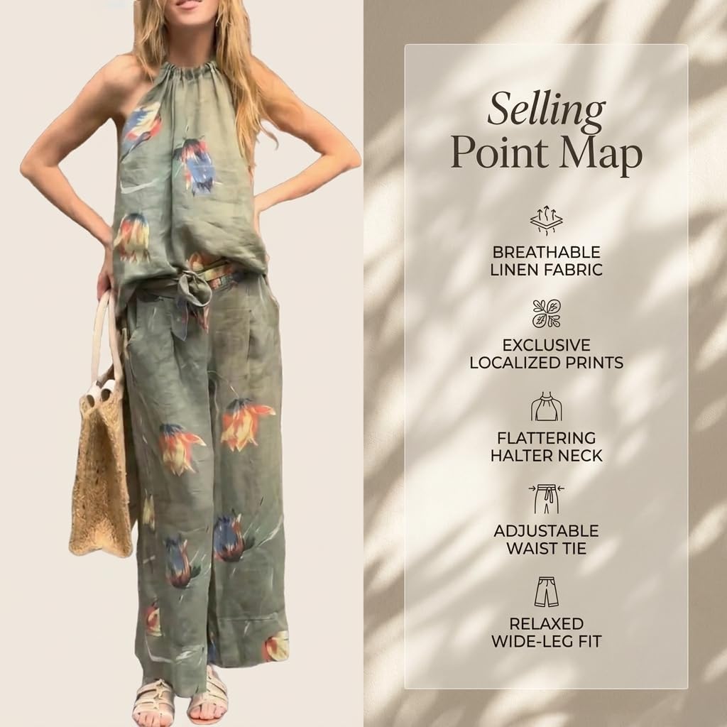Mandonce 2 Piece Outfits for Women Sleeveless Halter Top with Floral Print Design Drawstring Loose Pants