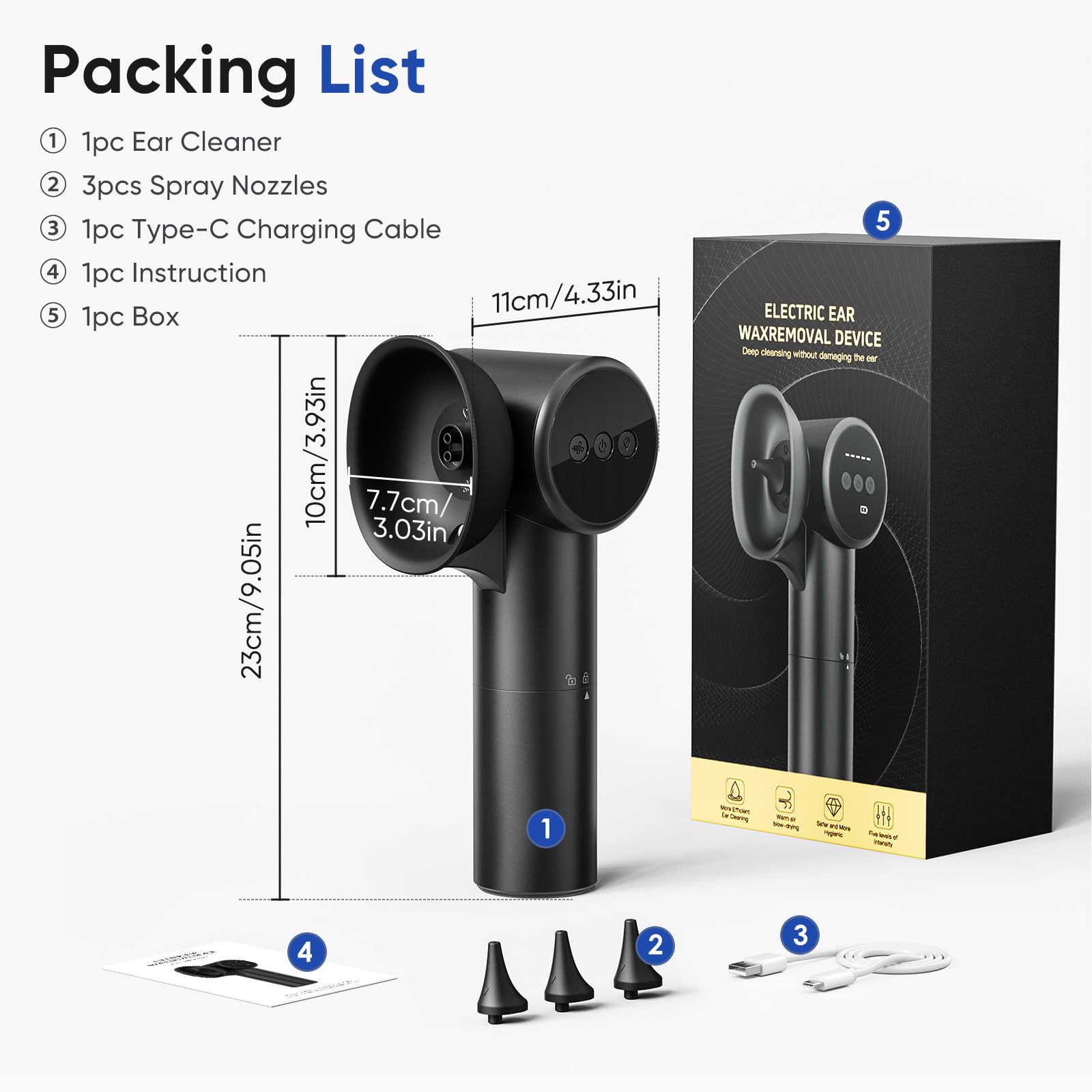 WildFun 2-IN-1 Kit de nettoyage des oreilles, Kit d'élimination de cérumen électrique avec 5 Modes de nettoyage et 1 Mode de soufflage modes, Elimination du Cérumen Rechargeable, IPX7 étanche (black)