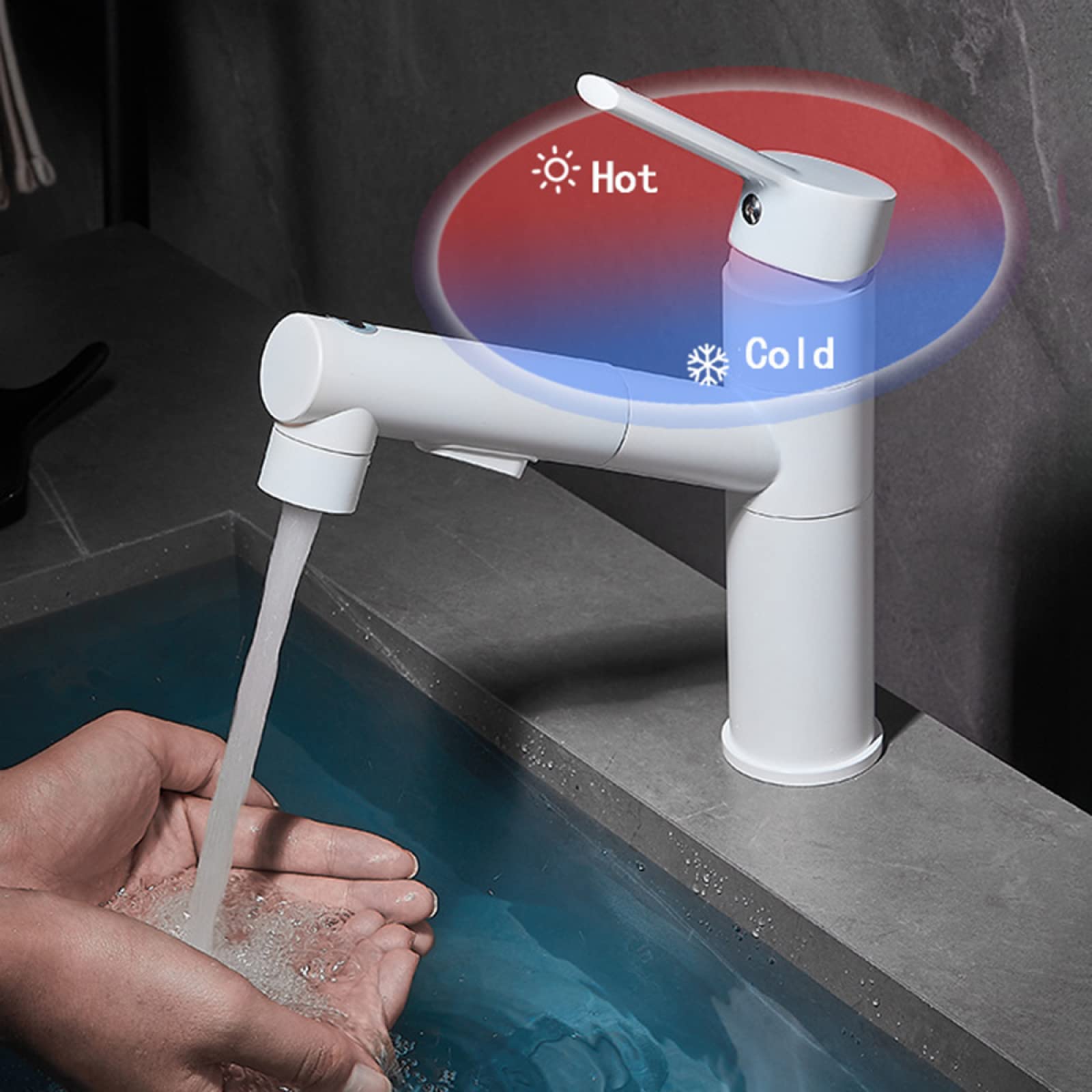 Rubinetto Lavabo con Doccetta Estraibile, Rubinetto Bagno Lavabo Ottone, 3 Funzioni Miscelatore Lavabo, Rubinetti Monocomando Regolazione a Caldo e Freddo, bianco, alto