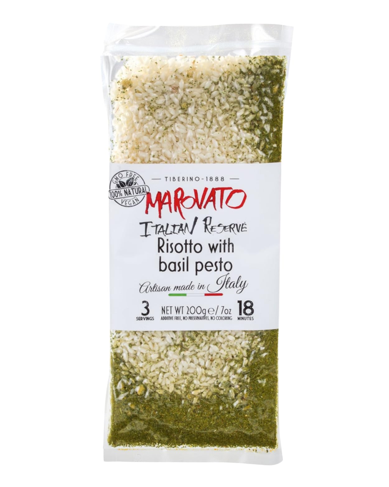 Tiberino's Real Italian Meals - Risotto w/ Basil Pesto, All Natural Ingredients, Imported from Italy, No GMOs, Additives or Preservatives, Vegan Friendly, 1 Pan Cooking, No Straining Needed, 7 oz