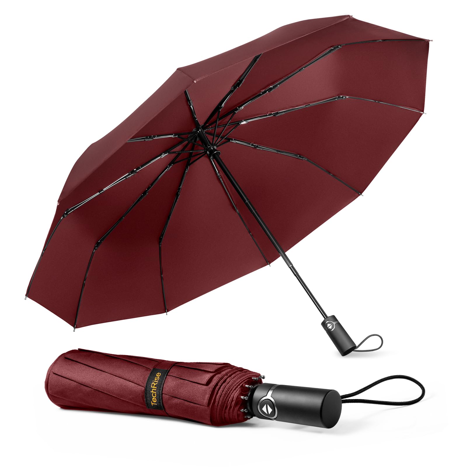 TechRise Windproof Travel Umbrella: Automatic Compact Strong Wind Resistant Folding Portable Black Umbrella for Men & Women