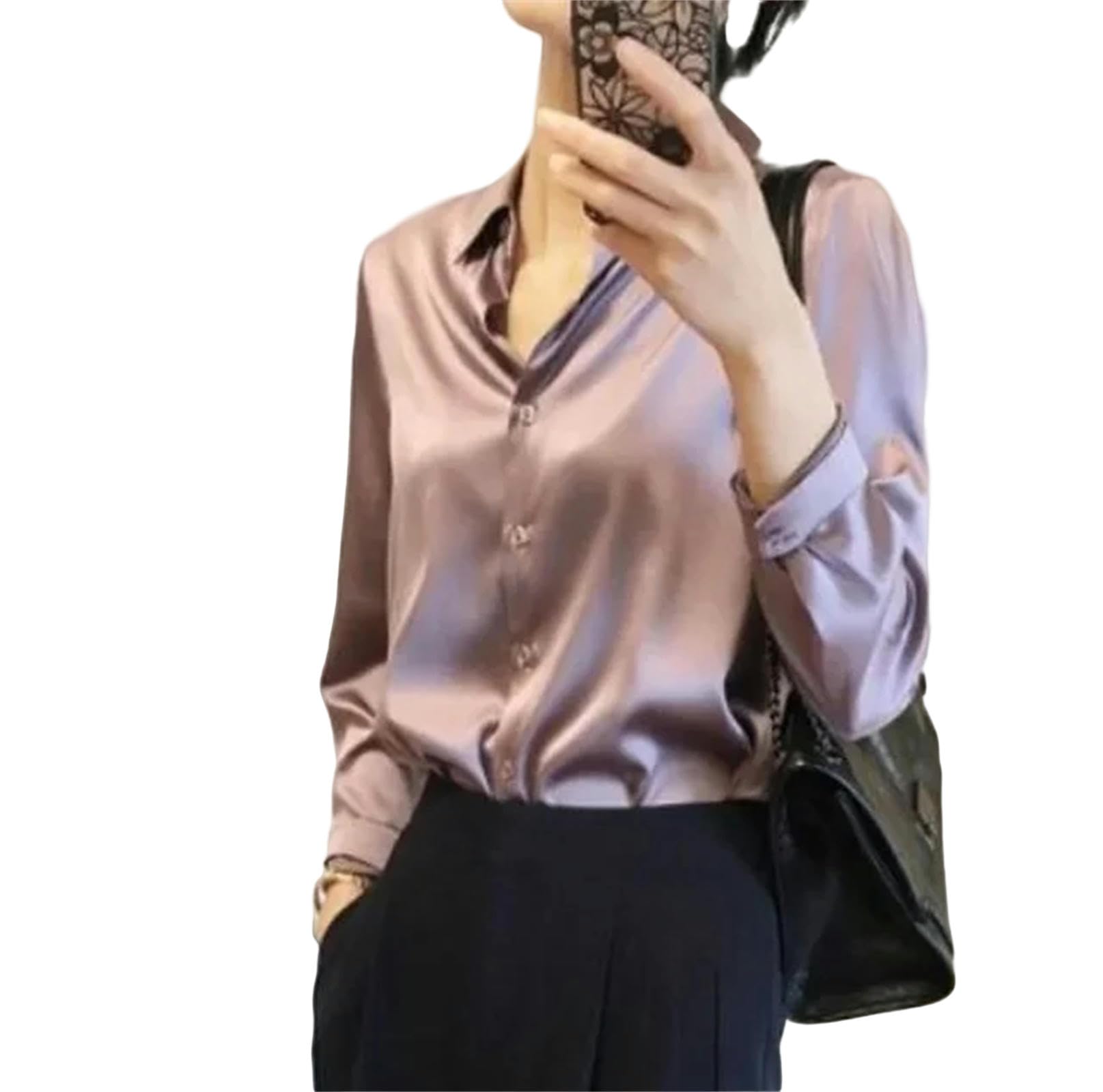 bluzki damskie damska koszula eleganckie koszule biurowe krepa satynowe bluzki biznes damski top -jasny fioletowy-xxl