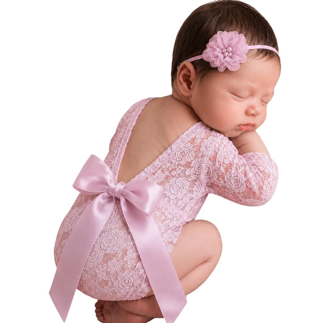 BabyMoon Girls Lace Romper with Hairband Born Baby Photography Photoshoot Props Costume-picture-10