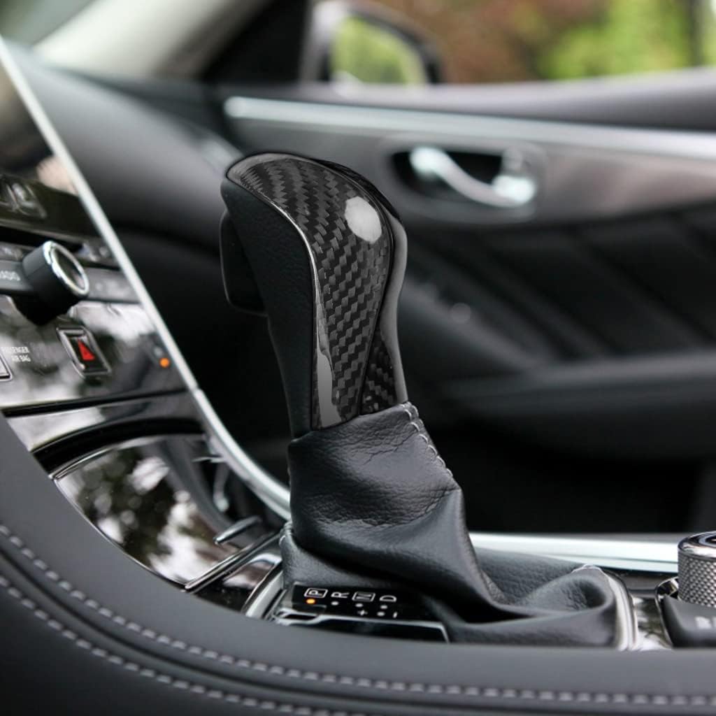 NVCNX Real Carbon Fiber Gear Shift Knob Cover Center Console Interior Trim Kit Car Hard Carbon Fiber Molding Accessories for Infiniti Q50 2014 2015 2016 2017 2PCS Glossy Black