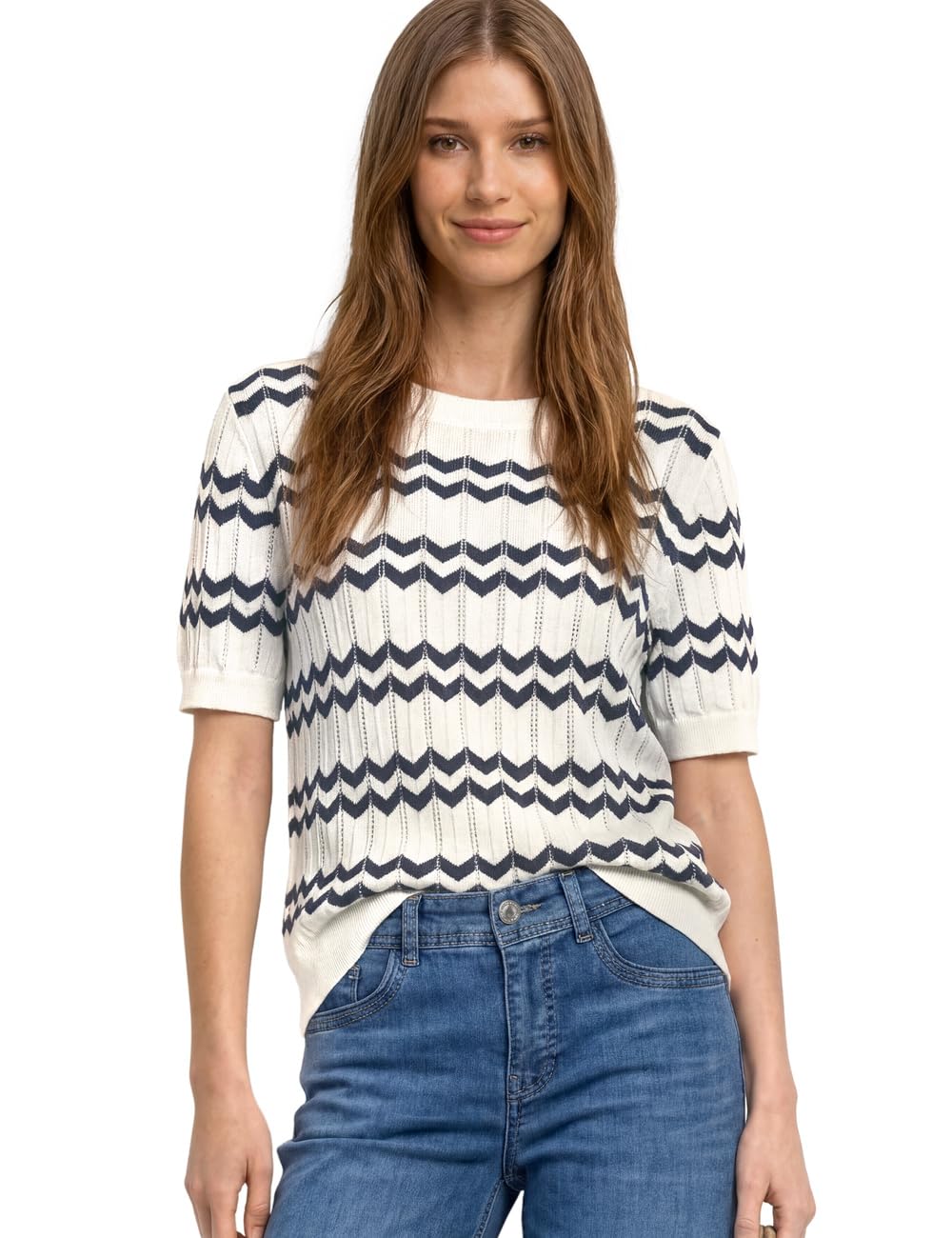 Street One Short Sleeve Pullover with Zigzag Pattern Off White 34