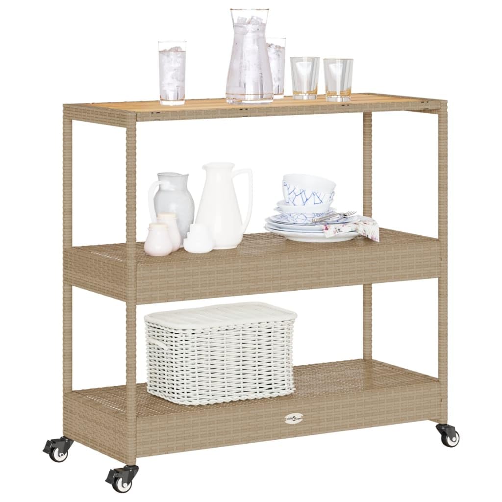 Carrito de bar con 3 baldas de ratán sintético beige y madera maciza de acacia, robusto carrito de servicio con estructura de acero y 4 ruedas para interior y exterior, ideal como carrito de