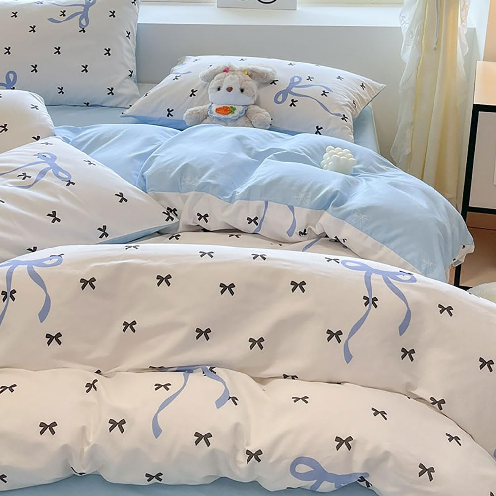 Covebett Duvet Cover Sets Single Bed White Blue Black Bow Bowknot Microfiber Reversible Bedding Set Cute Aesthetic Girls Women Bows Quilt Cover 135x200 with Zipper Closure and 1 Pillowcase 50x75 cm โ image 1