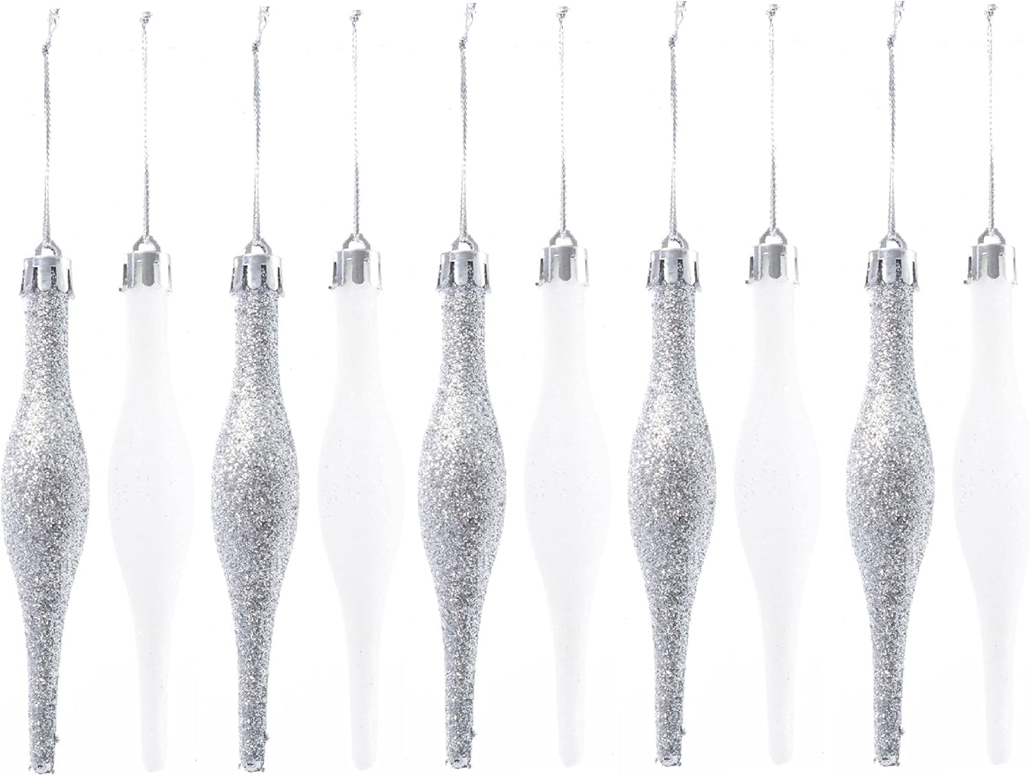 Ukdeals Direct Pack Of 10 Droplets 120Mm Silver & Wite Ukdeals Direct® Silver Collection Christmas Droplet Baubles Tree Decorations Glitter Matt Icicles (Pack Of 10 Droplets 120Mm Silver & Wite)