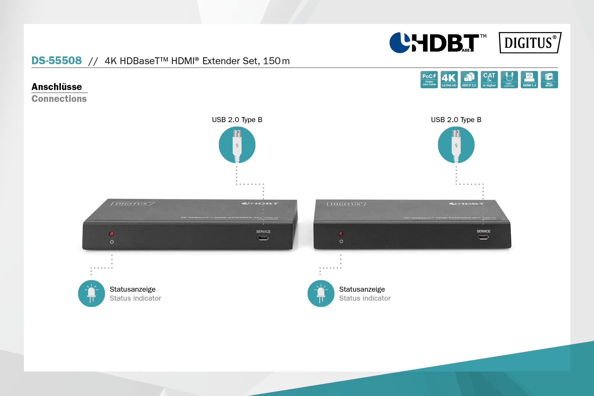 DIGITUS DS-55508 Estensore HDMI HDBaseT UHD 4K/60 Hz 120 m LAN Set Trasmettitore Ricevitore IR RS232 HDCP 2.2