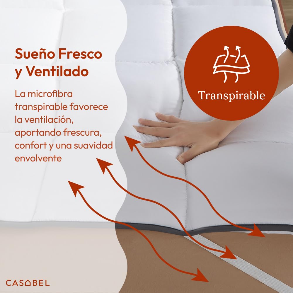 CASABEL Topper Colchón 90x190 cm, 600gsm, Extra Grueso y Suave Topper 90x190 con Microfibra Transpirable, Diseño Acolchado, 4 Correas Elásticas