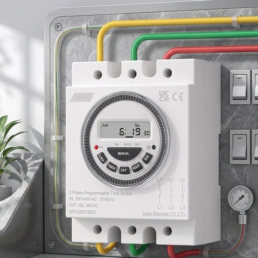 TM619-380V Interruptor Temporizador Programable Trifásico, Controlador de Tiempo Digital de 7 Días, 16A 380VAC, Retroiluminado LCD 18 Modos de Programa