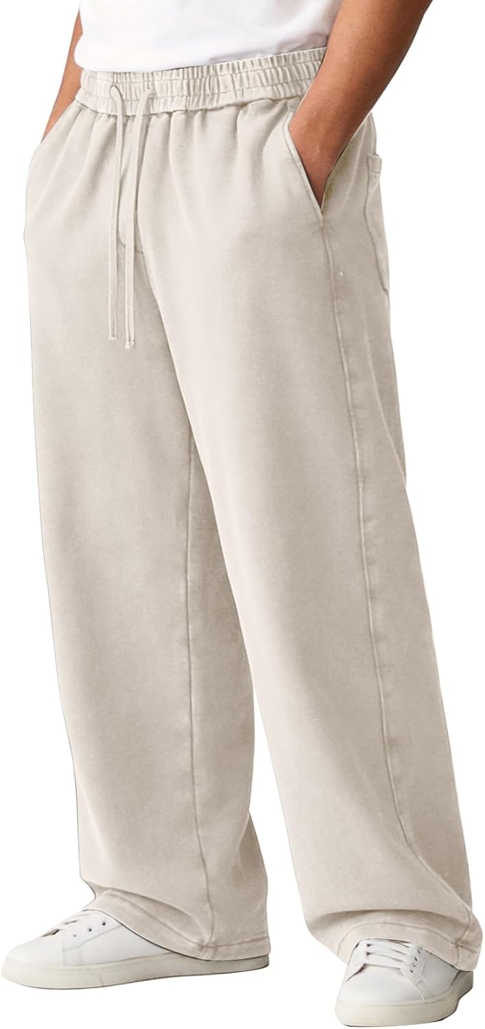 Eisctnd Men's Baggy Wide-Leg Cotton Sweatpants Loose Joggers with Adjustable Cuffs Drawstring Waist for Lounge Athletic