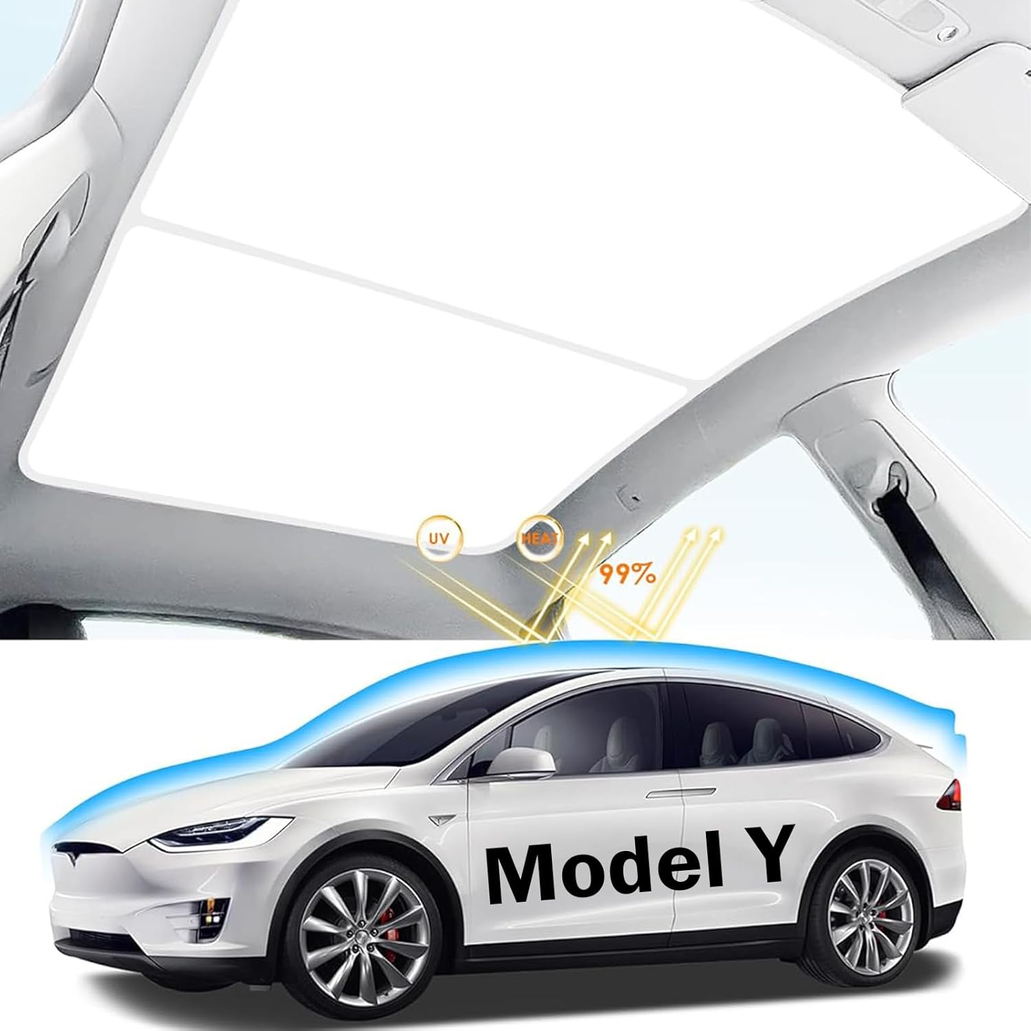 Tesla Model Y Roof Sunshade for Tesla Accessories 2024-2020 Visor Sunroof Sun Shade UV Reflector 2PCS Reflective Covers Block Harmful UV Rays Glare (Ice Silver, Model Y) Model Y Ice Silver