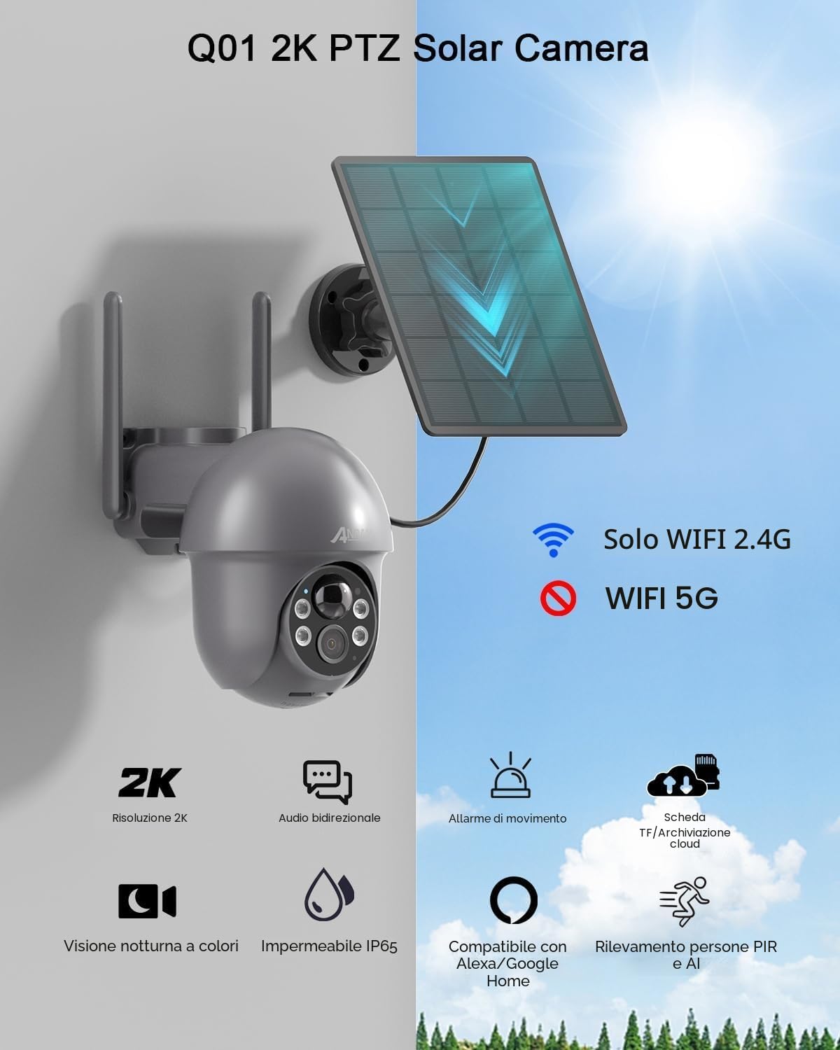 ANRAN 2K Telecamera Wi-Fi Esterno Senza Fili con Pannello Solare | 360° PTZ Videocamera Sorveglianza con Batteria, Rilevamento PIR, Visione Notturna a Colori, Audio Bidirezionale, Alexa