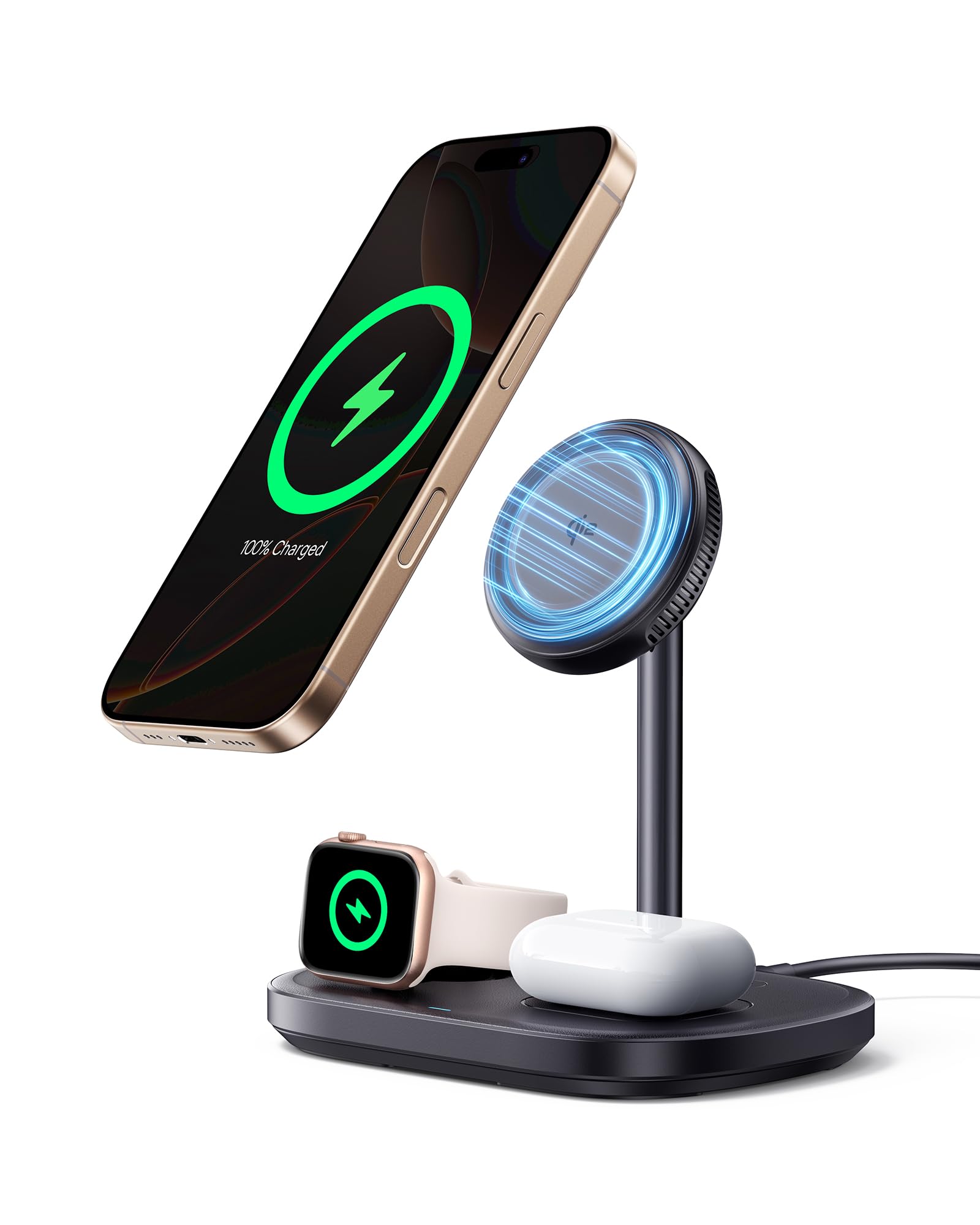Baseus EnerFill 3-in-1 Wireless Charger with TEC Cooling, 22.5W Wireless Charging Station, Inductive Charging Station for Apple Watch and iPhone 16 15 14 13 12 Pro Max, for AirPod, with 45W Fast Charger