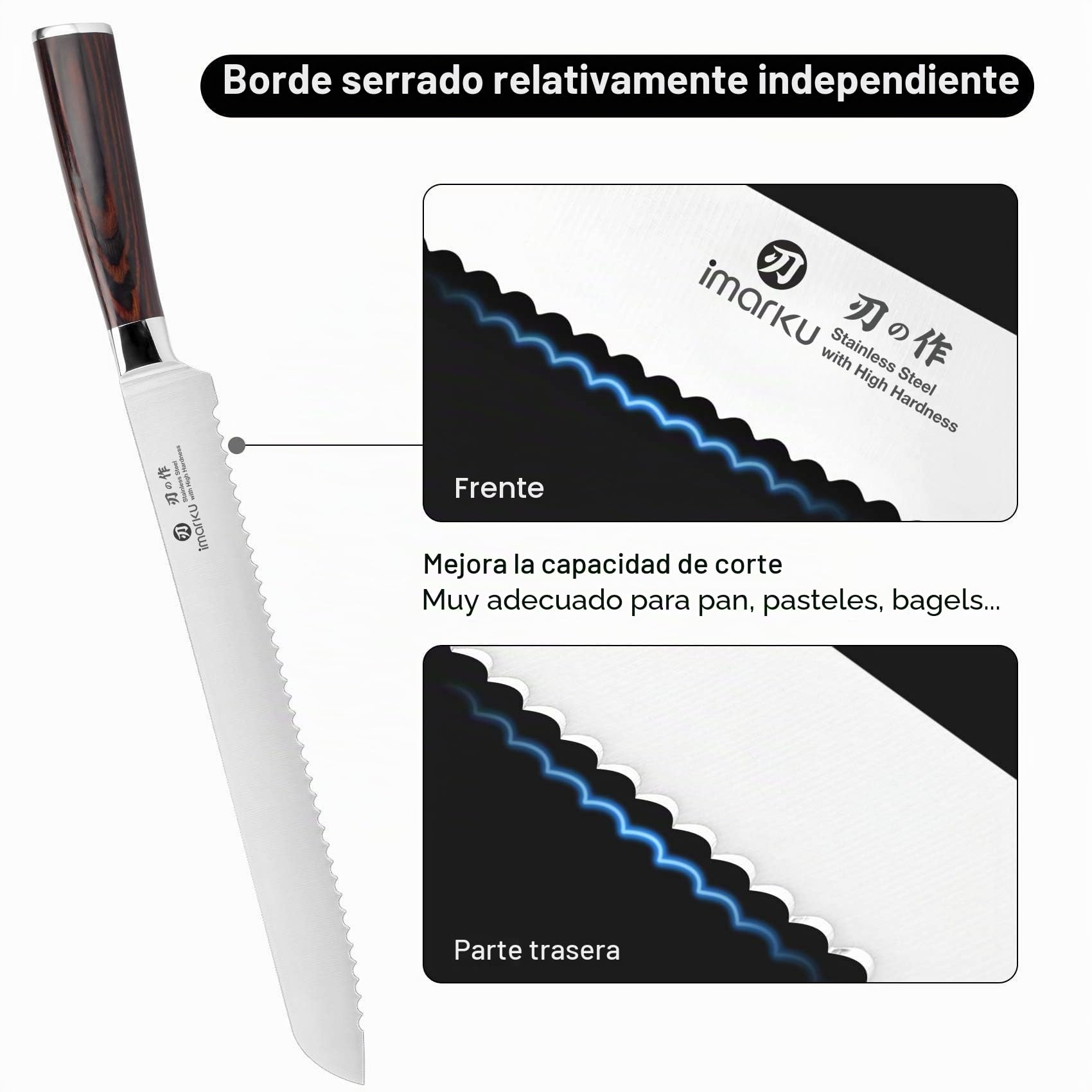 imarku Cuchillo Pan - Cuchillo Panero Profesional 25cm - Cuchillo Cocina Serrada Súper Afilado Acero Inoxidable con Mango Ergonómico - Cuchillo Sierra para Cortar Panes Caseros, Rosquillas
