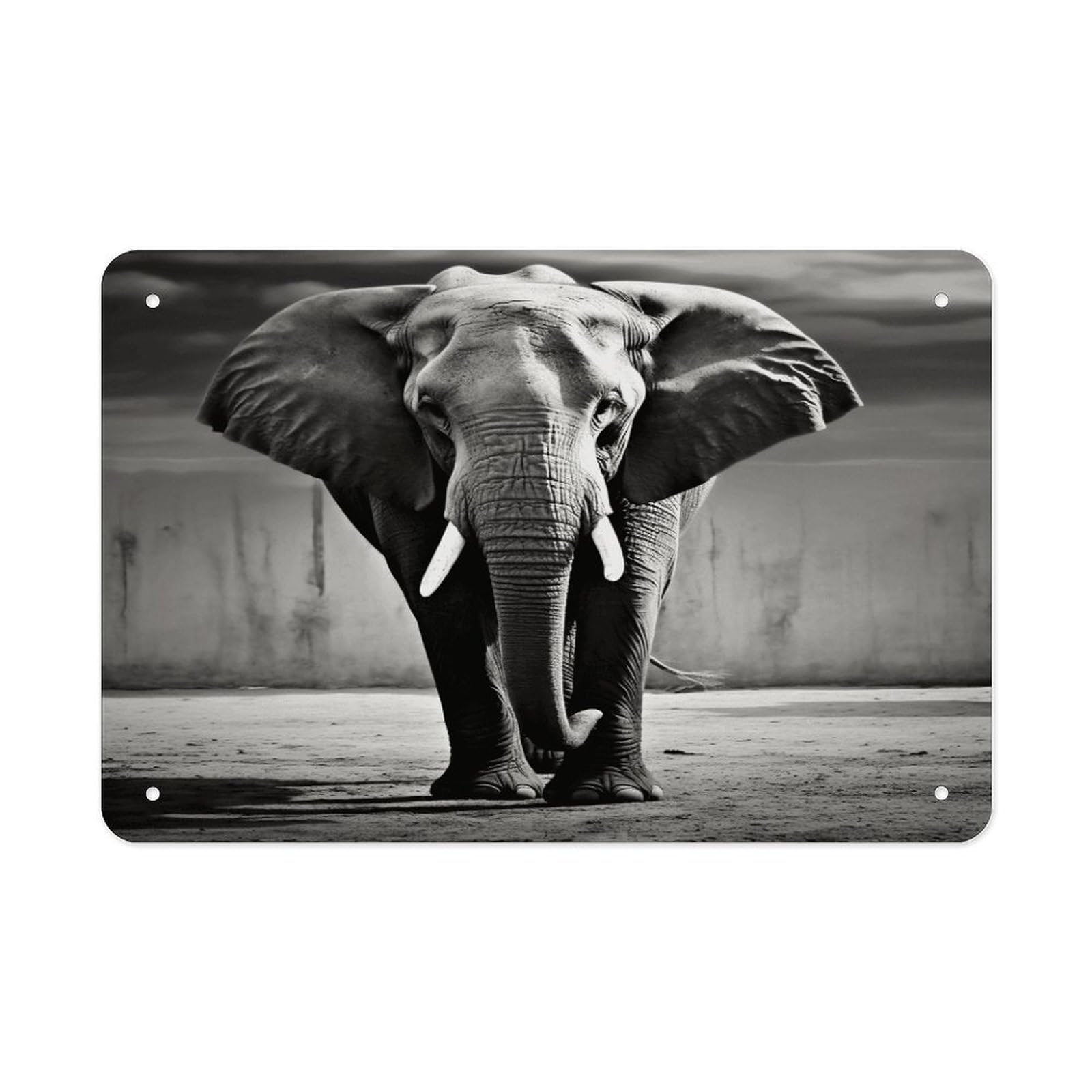 Black And White Elephant Metal Tin Sign 12"x8" Wall Art Prints Poster Decorative Picture Metal Signboard Decor Painting Folded Edge Iron Sheet Painting with Holes for Wall Decor