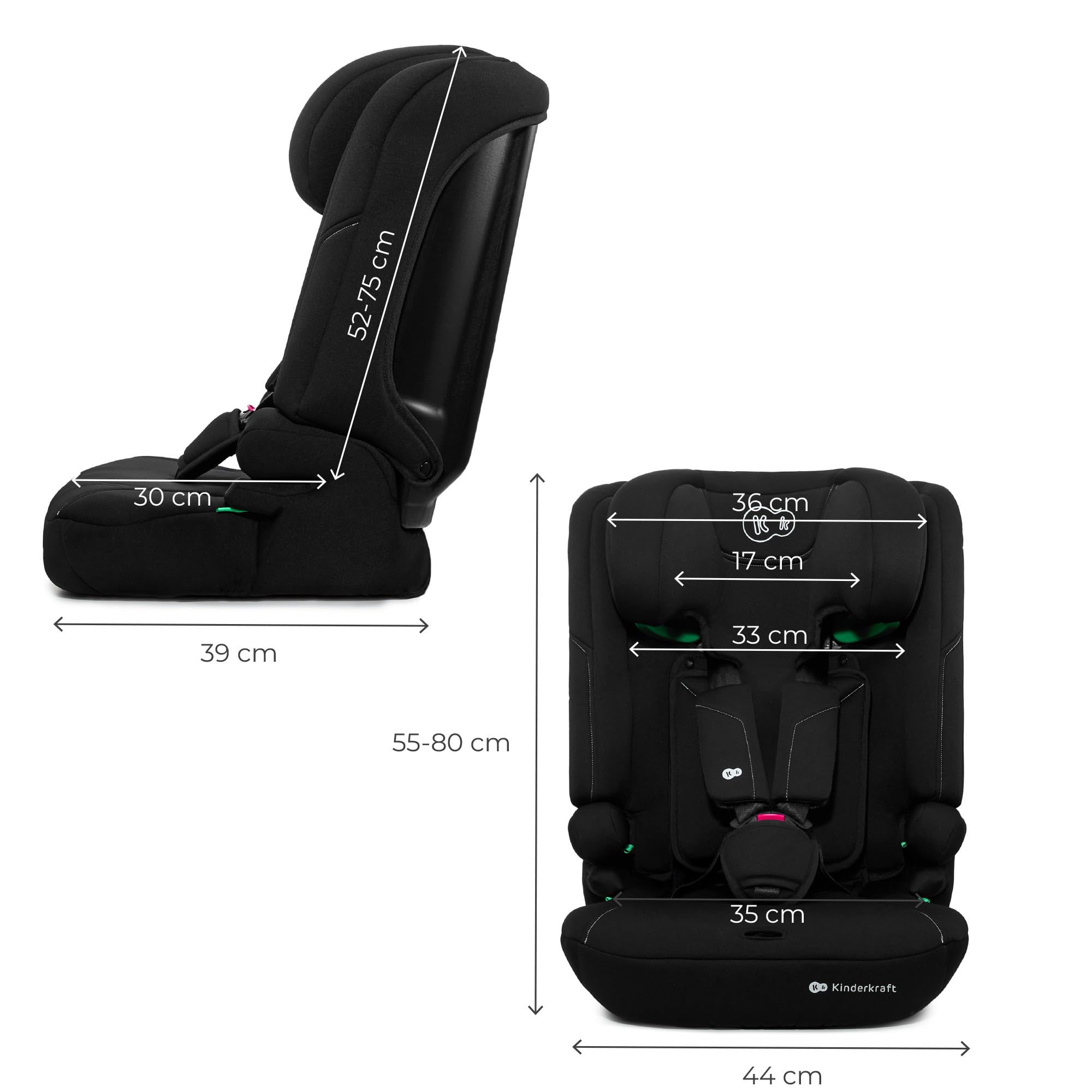 Kinderkraft I-COMFY, Seggiolino auto, Per bambini, Regolabile (76-150 cm), Schienale regolabile, Cintura di sicurezza a 5 punti, EASY GROW SYSTEM, Facile installazione, Nero
