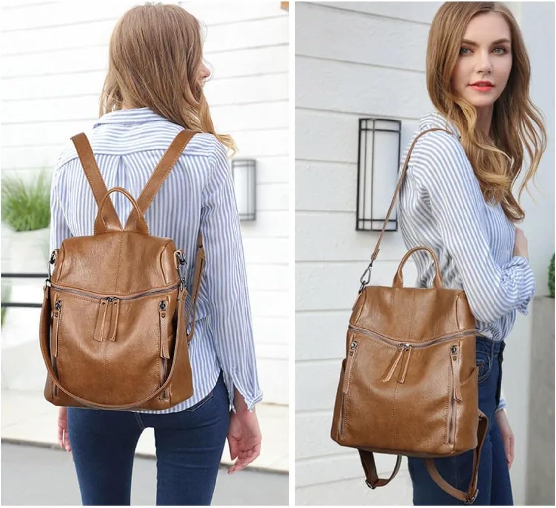 Genuine Cow Leather Backpack Shoulder Handbag Bag for Women, Top Handle & 2 Detachable Straps- Grey - Image 3