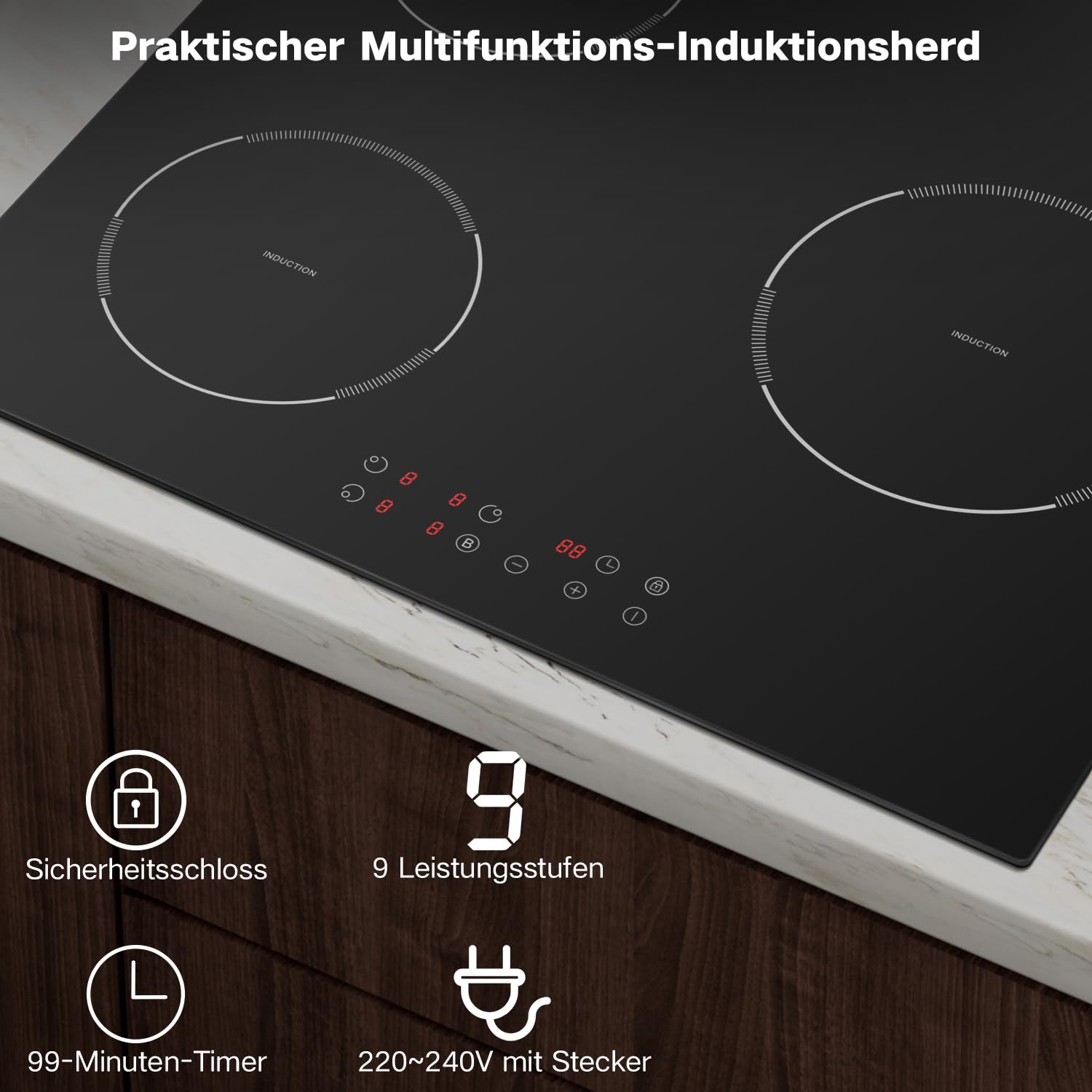 Induktionskochfeld 3 Platten, 60cm Induktionsherd mit Boost | 3500W, 9 Leistungsstufen, Touch-Bedienung, Eingebauter, Sicherheitssperre, Stecker, Timer, Hinweis zur Restwärme