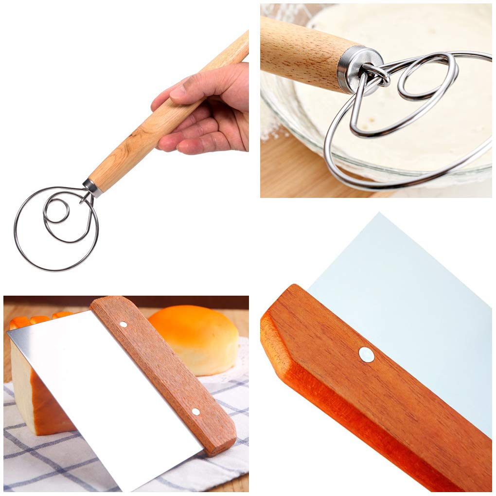 NANEEZOO - Frusta Danese Per Impasto In Acciaio Inox - Set Da 2 Con Manico In Legno - Per Pane, Pizza E Pasticceria
