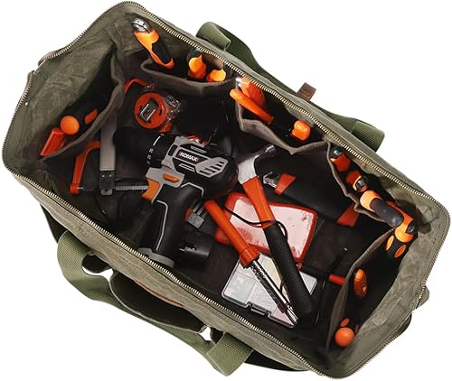 Miniatura 3 de Bolsa de herramientas de lona, 18 pulgadas, organizador de almacenamiento de 12 bolsillos con asa suave, cremallera grande (verde militar)