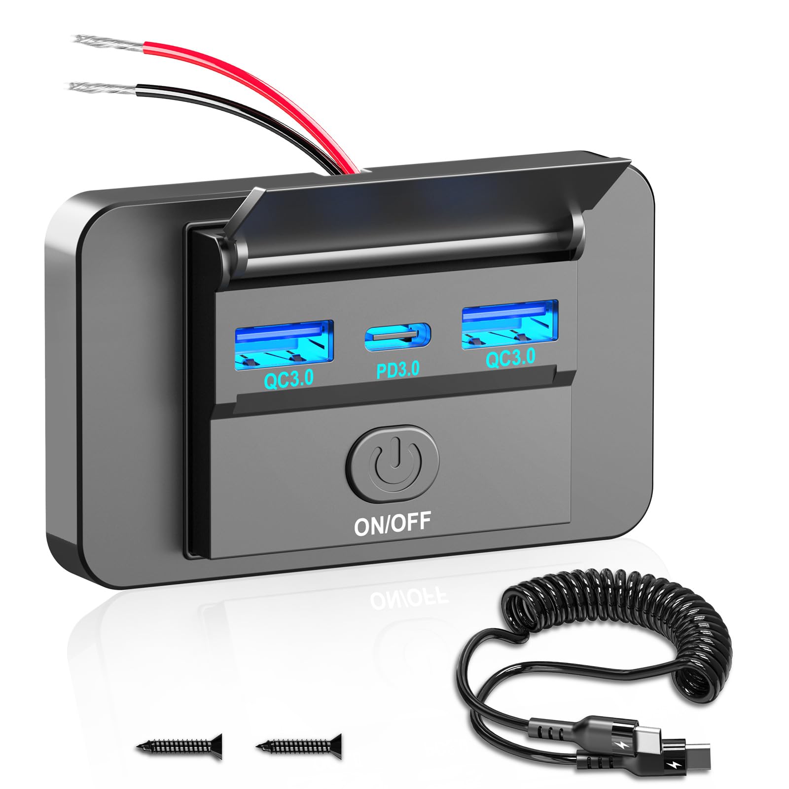 72W 12V USB Outlet Panel Wall Mount,36W PD & Dual USB Quick Charger3.0 18W with Button Switch for RV Car Marine Truck