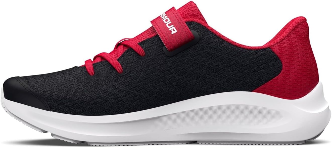 Under Armour Boy's Pre School Pursuit 3 Big Logo Alternate Closure Running Shoe, (001) Black/Red/White, 11 Little Kid
