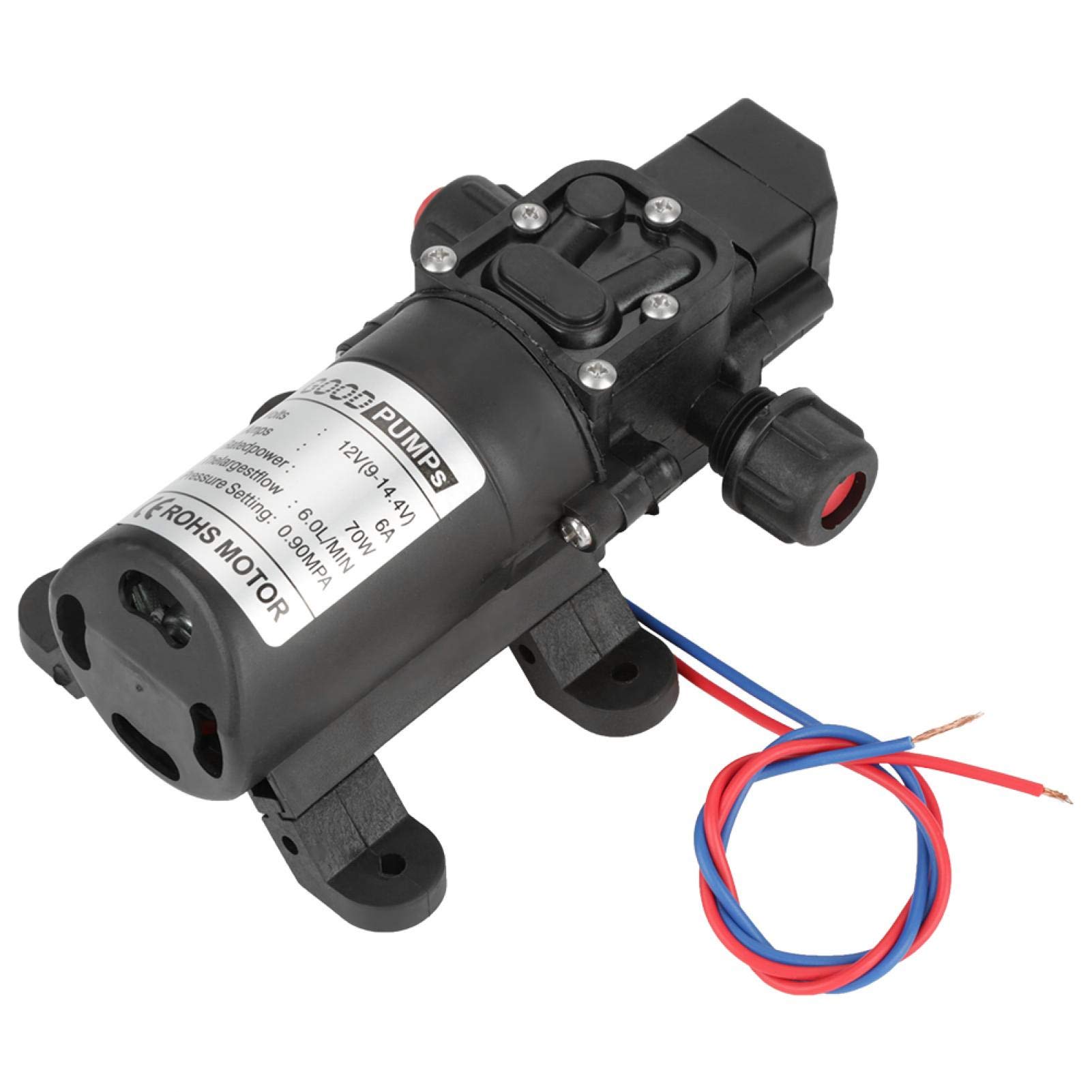 Pompe à Eau DC 12V, Pompe à Amorçage Automatique à Membrane Haute Pression, Puissance: 70W, Débit max: 0.1-6L/min, Réglage de la Pression: 0.9MPA