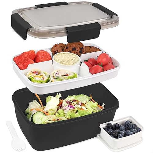 Bugucat Lunchbox Erwachsene 2000ML,Auslaufsichere Brotdose Erwachsene Bento Box mit Fächern für Kinder,Salatbehälter Salatbox to Go mit Gabel,Brotdose Frühstücksbox für Schule Picknick,Schwarz