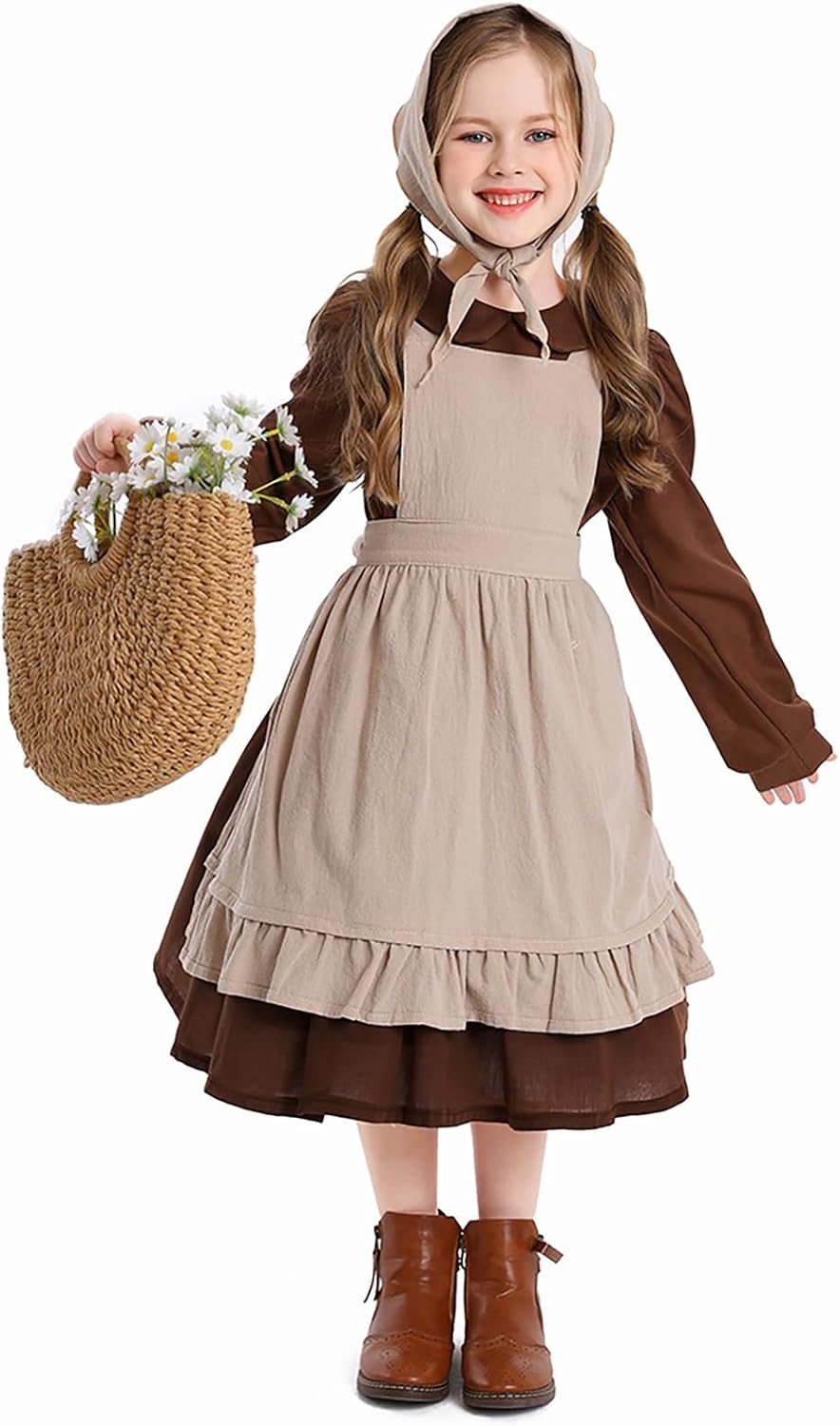 ハロウィン ワンピース キッズ コスプレ 女の子 かわいい ミモレ丈 ヘッドスカーフ仮装 エプロン 【overol】 メイドウ