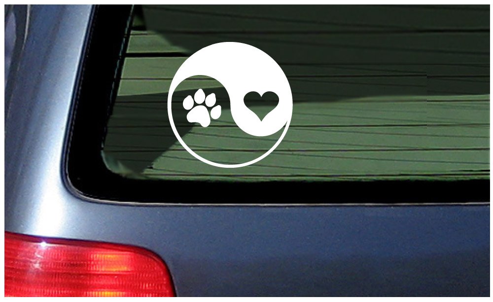 Yin and Yang Heart Paw Print White Window Decal Sticker Dogs Puppy Cat