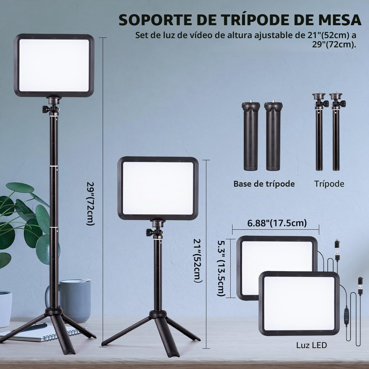 2pcs Luz LED de Vídeo Regulables, Kit para Fotografía LED de Escritorio de 2800 K - 6500 K para Filmación/Zoom/Videoconferencia/TikTok, Luz de Estudio de 14 x 18 cm para Disparos de Mesa/Ángulo Bajo