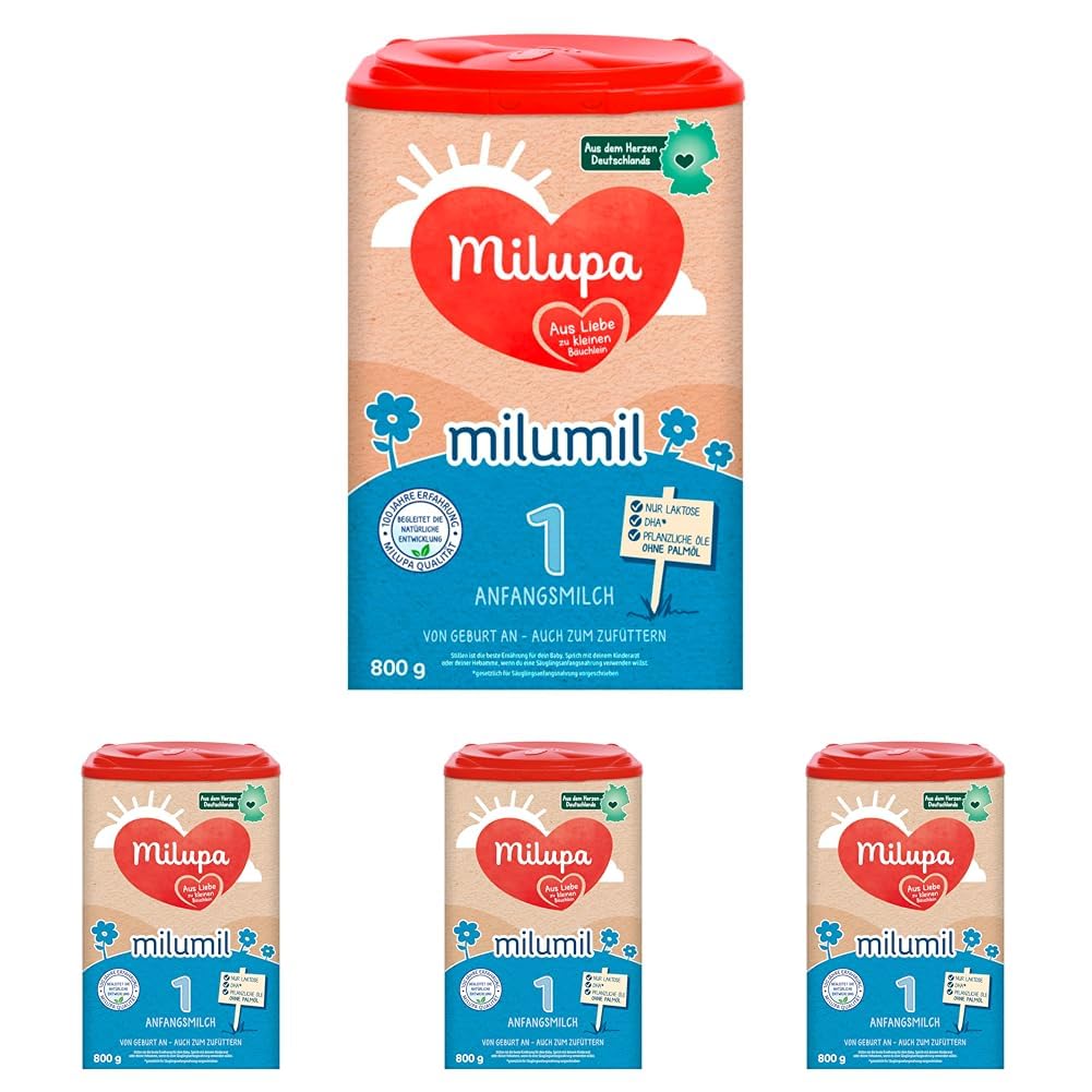 Milupa Milumil 1 – Anfangsmilch – Baby-Milchpulver – Von Geburt an – Auch zum Zufüttern – Mit wichtigen Nährstoffen und ohne Palmöl – 1 x 800 g (Packung mit 4)