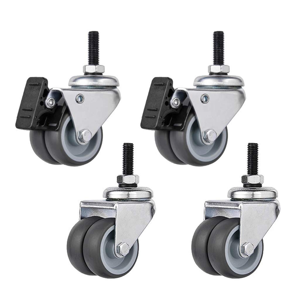 4 Gewinde M8 Möbel Rollen 2 Zoll 50 mm Doppelrad Schwerlastrollen 200 kg Leise TPR Gummi Lenkrollen mit Bremse Stahlhalterung Für Krippe Babybett Bürostuhl Tabelle Wagen Industrietransport