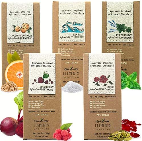 Elements Truffles Sampler Pack -Heavy Metal Tested- Dairy Free, Gluten Free, Non-GMO, Raw & Organic Chocolate - Ayurveda & Paleo Healthy Chocolate Bar - Raspberry, Orange, Sea Salt, Lavender & Rose