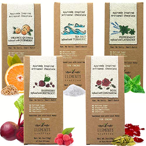 Elements Truffles Sampler Pack -Heavy Metal Tested- Dairy Free, Gluten Free, Non-Gmo, Raw & Organic Chocolate - Ayurveda & Paleo Healthy Chocolate Bar - Raspberry, Orange, Sea Salt, Lavender & Rose #TOP13