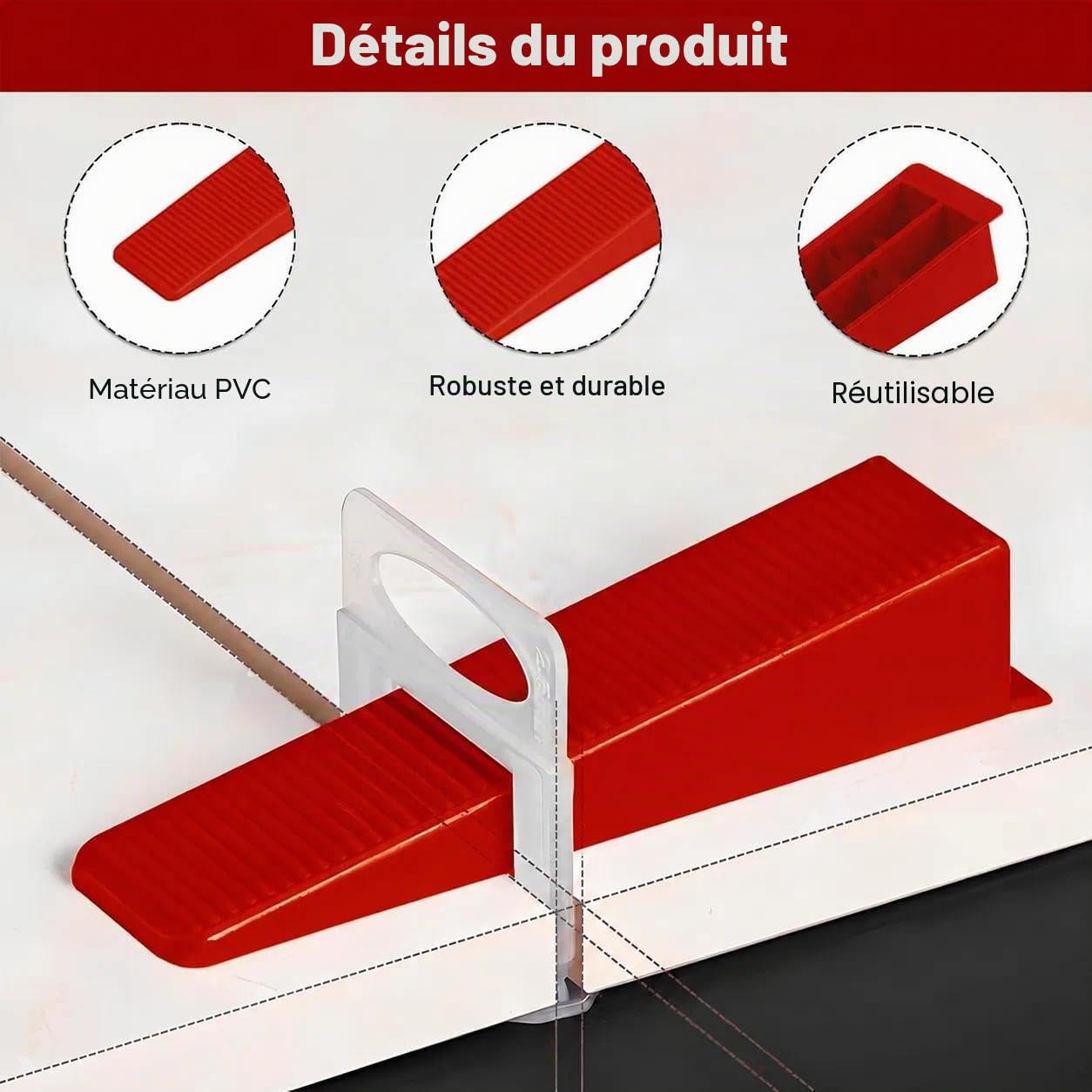 Cale Carrelage 40 Pièces, Croisillon Autonivelant Rouge | Plastique PP, 40 cales rouges 85x21x16mm, réutilisables, pour nivellement de carrelage, sol, mur et DIY