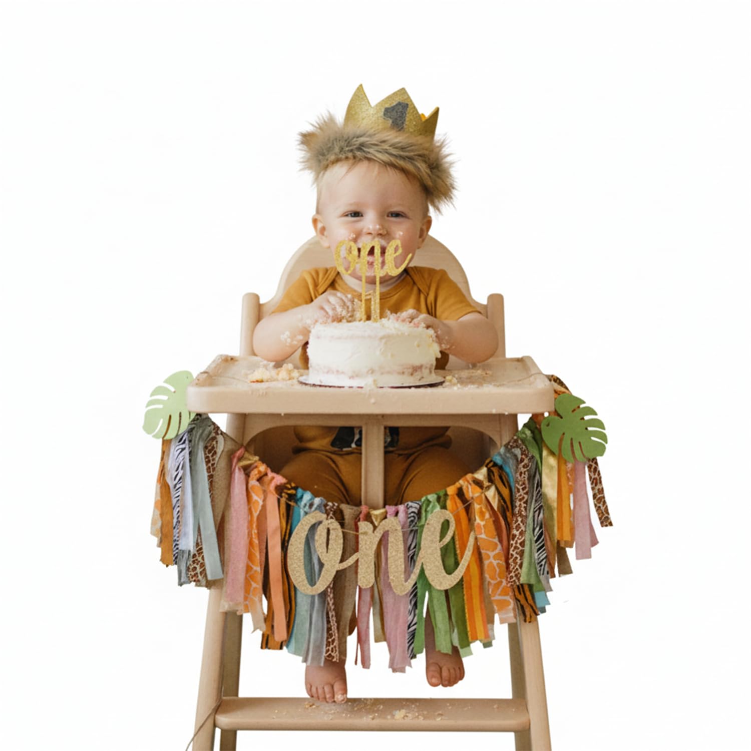 PapaKit Wild One 1st Birthday Boys High Chair Decoration Premium Set - Lion King Crown, Rustic Ribbon Garland, Palm Leaves One Banner & Cake Topper | Safari Jungle Smash Cake Photo Prop Kit