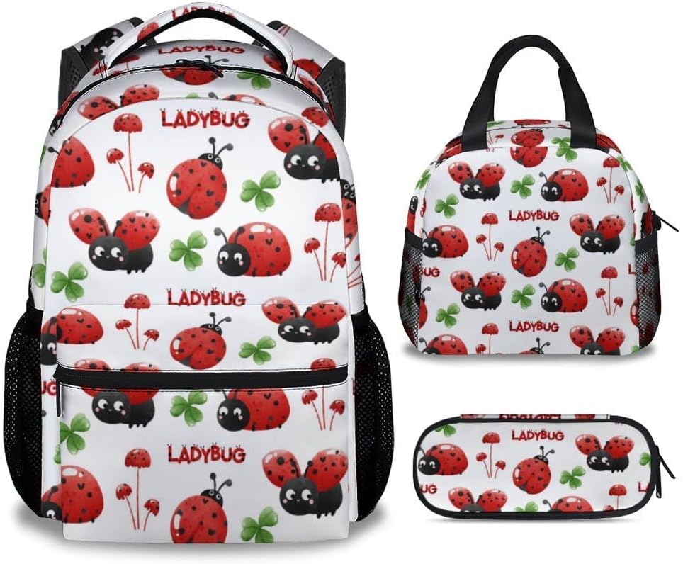 Custom Ladybug Backpacks Kids, 16 Inch Cute Backpack for School, White Lightweight Bookbag for Girls