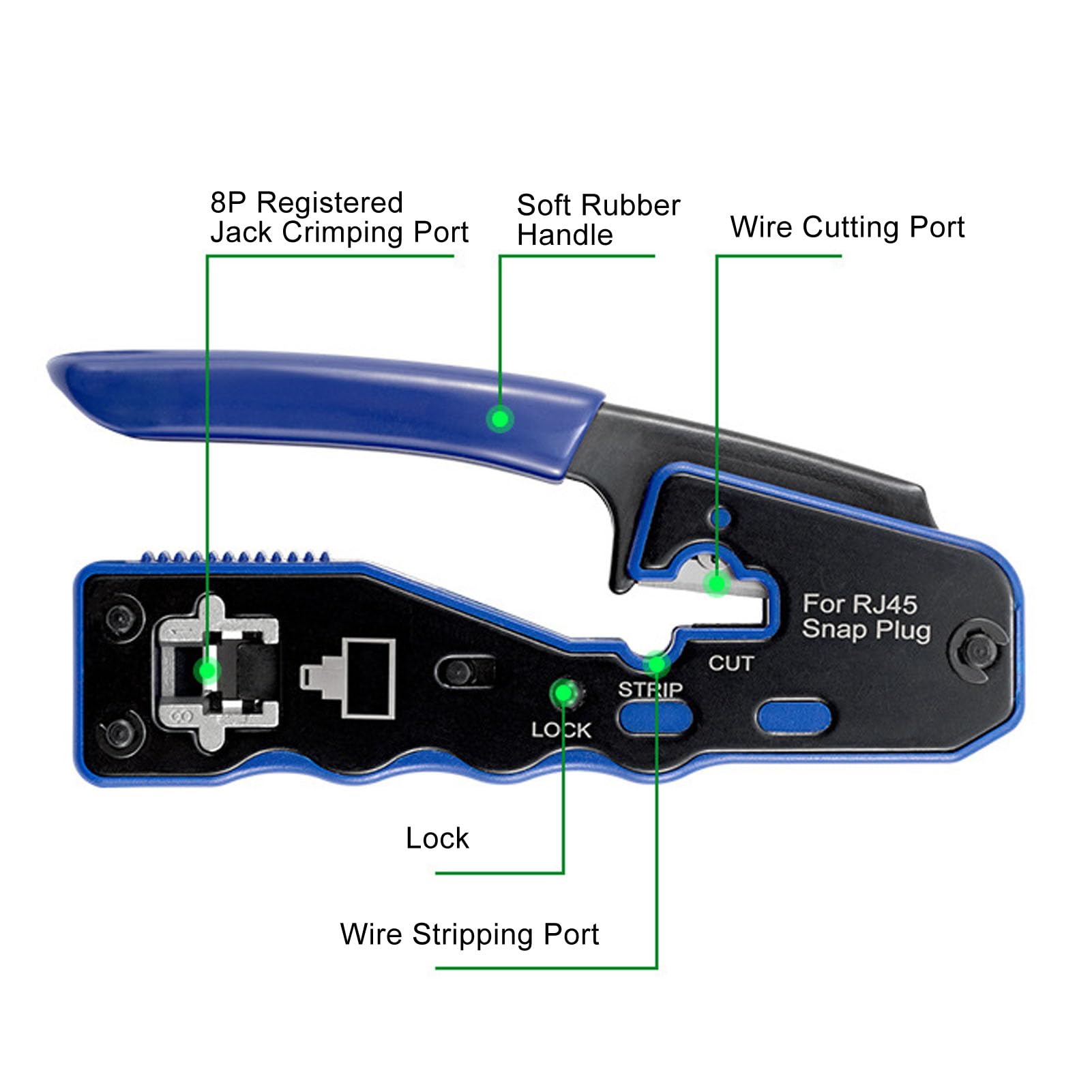 Fockety Kit Crimpatrice RJ45, Crimpatrice Ethernet Passante per Cavi Cat5, Cat5e e Cat6 con Connettori 8P8C, per Cavi RJ45, RJ11, RJ12, Crimpatrice e Tester Cat6, Crimpatrice Passante