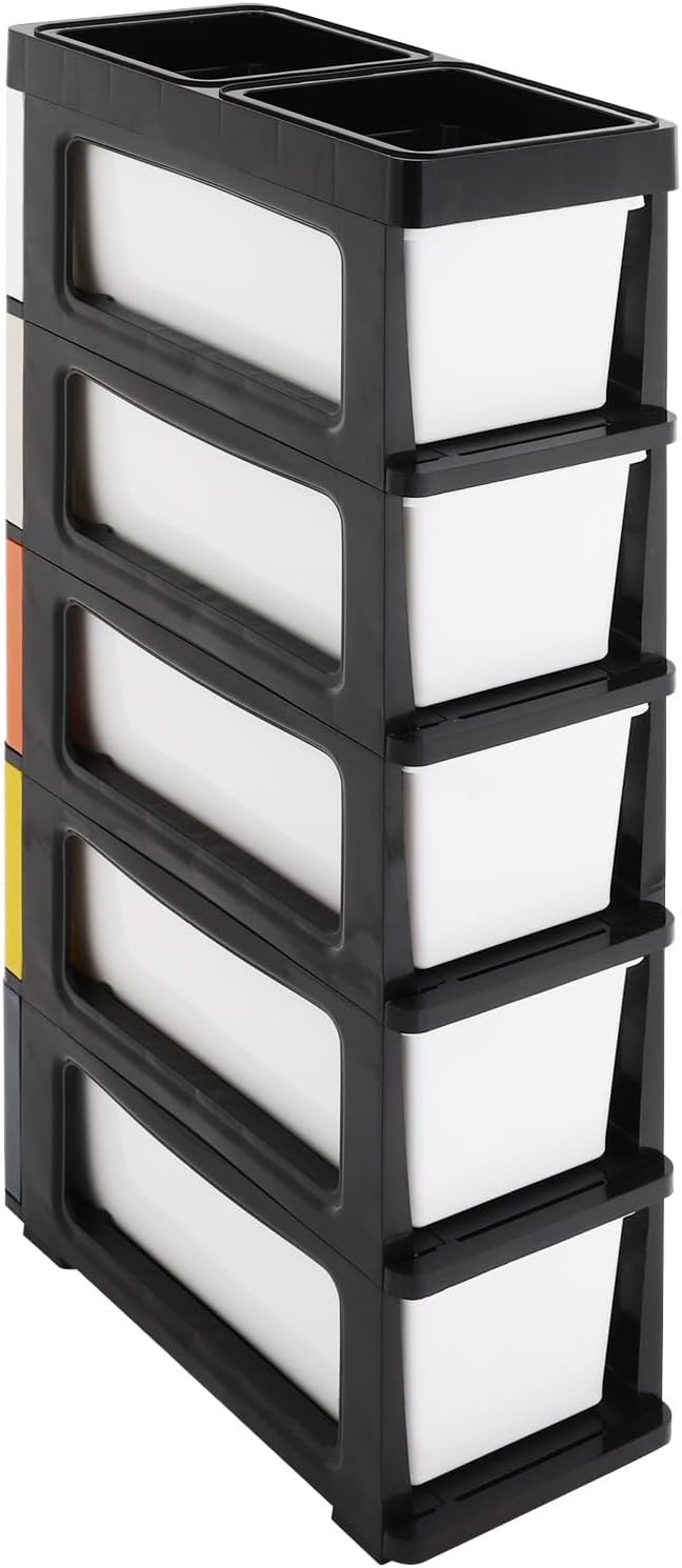 Cassettiera Salvaspazio con 5 Cassetti Mobiletto Stretto con Ruote Organizer in Plastica PP per Bagno Ufficio Casa Carrello Portaoggetti per Angoli Stretti(Black+Colorful Modern Colors)