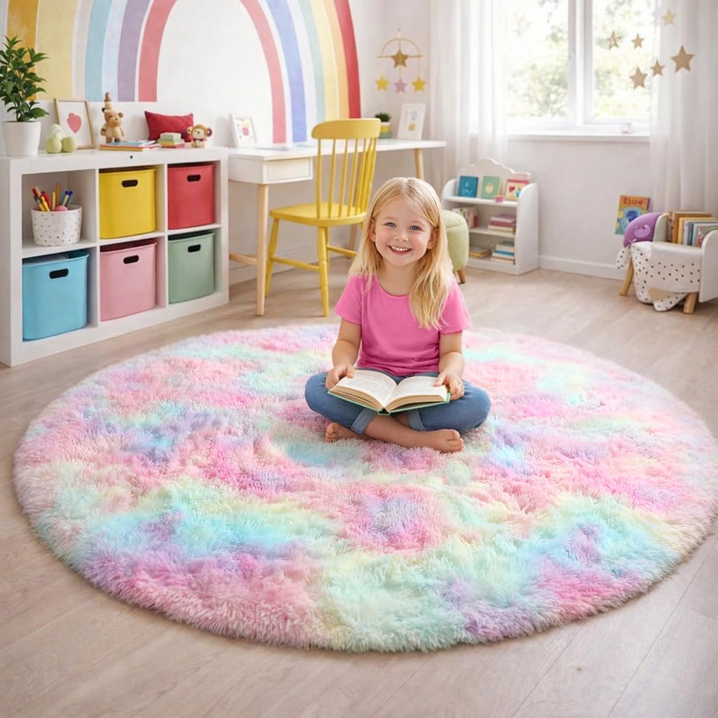 Amdrebio Rainbow Fluffy Round Rug 4Ft Kids Rugs for Girls Bedroom, Unicorn Room Decor, Colorful Pastel Shag Carpet for Preppy Dorm, Cute Fuzzy Kawaii Circle Area Rug, Soft Play Mat for Baby Nursery
