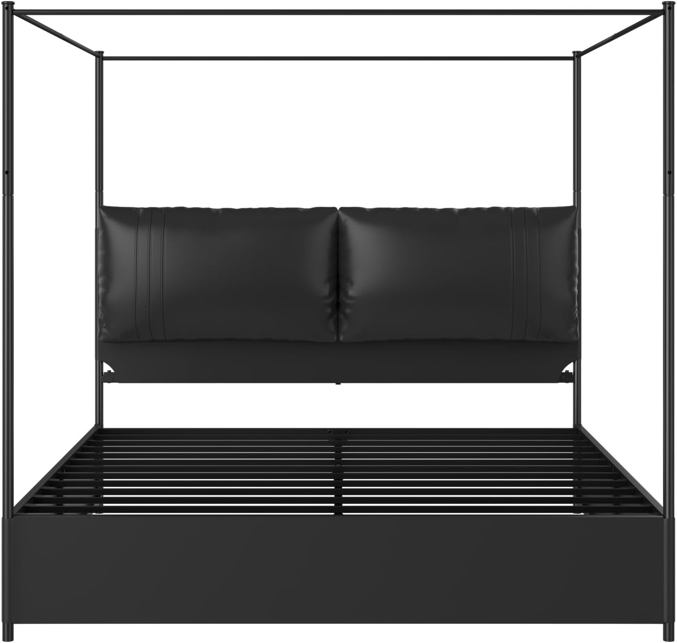 Modern Canopy Bed Frame with Upholstered Faux Leather Headboard – Tall Four Poster Metal Platform Bed, No Box Spring Needed, King Size, Black