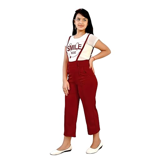 PERFECTPIVOT Kid Girl's Cotton Blend Maroon Dungaree Dress with Adjustable  Shoulder Straps 3/4 Sleeve, Ankle Length With Printed Top : Amazon.in:  Fashion